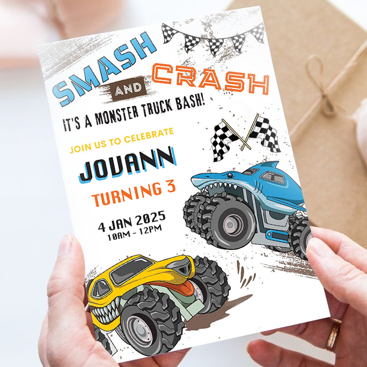 Smash & Crash – Monster Truck 3rd Birthday Invitation